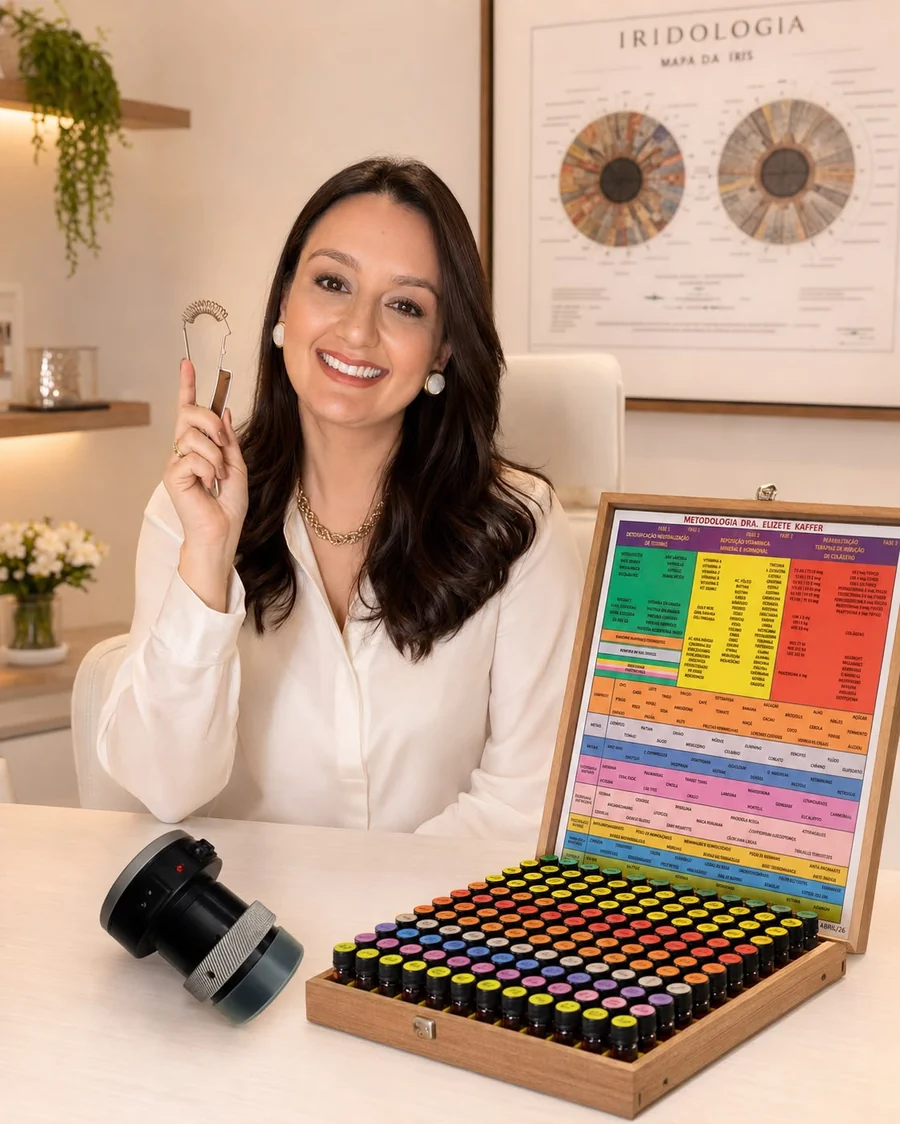 Fernanda Carchedi, iridologista, em seu consultório com o mapa da íris