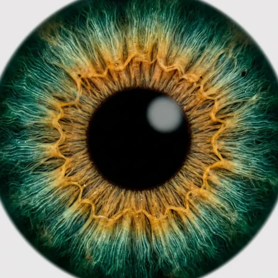 Macro da íris humana revelando fibras douradas e verdes, base da análise de iridologia